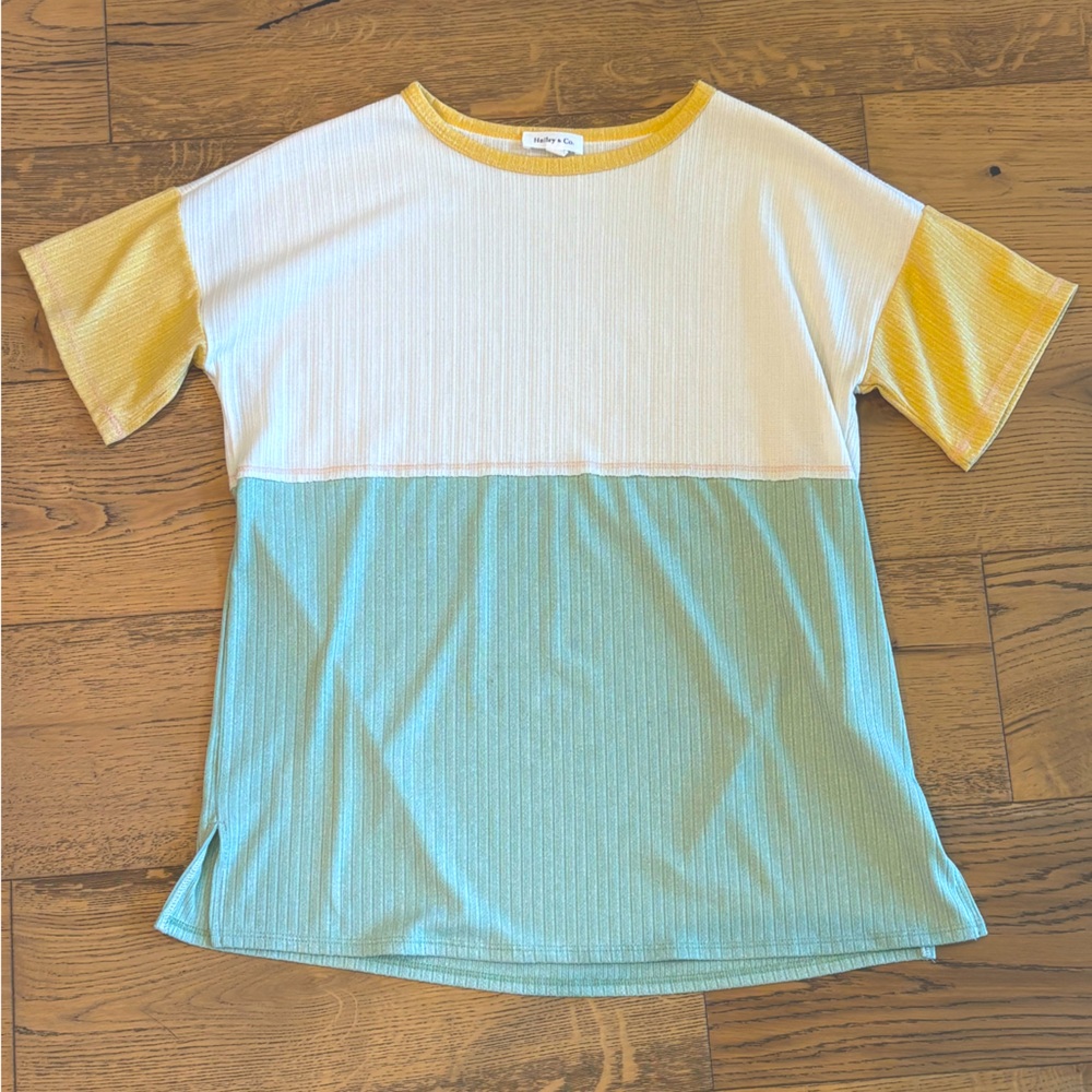 Hailey & Co Colorblock Top - White, Sage, & Buttercream Yellow - Ribbed Texture